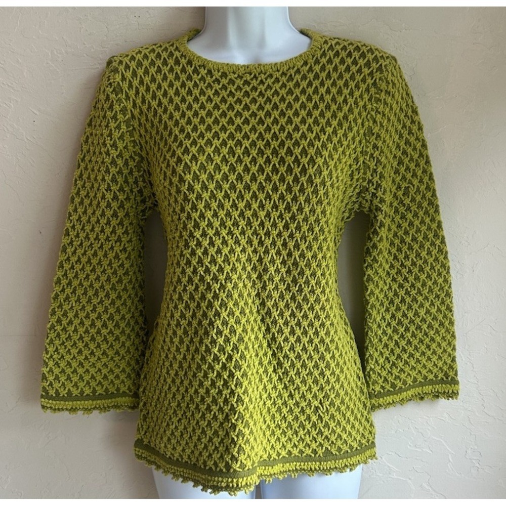 Vintage 60s 70s Loubella California Textured Knit Sweater S Acid Lime Green Mod